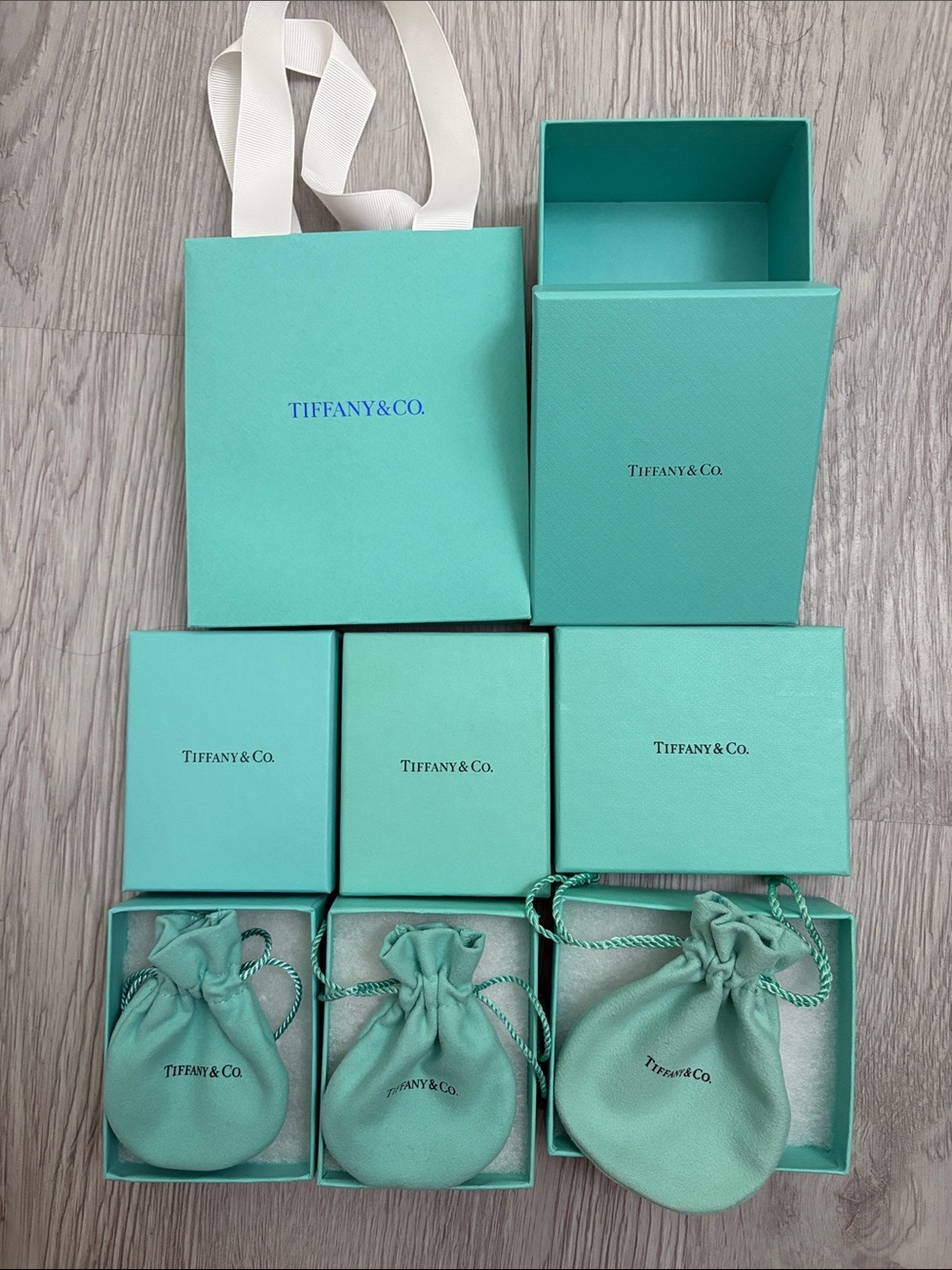 Tiffany & Co. Blue Jewelry Boxes, Pouches & Bag - 4 Boxes, 3 Pouches, 1 Bag